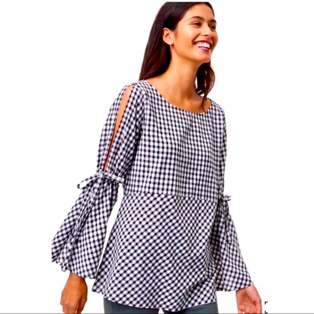 LOFT Gingham-Check Bell-Sleeve Top - NWT! Size L